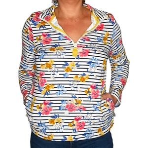 Joules Pullover Quarter Zip Sweater Pockets Size 4 White Black Stripe Floral